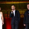 Costars Bingbing Fan, Wang Xueqi, and Robert Downey Jr share a laugh on the "Iron Man 3" World Tour