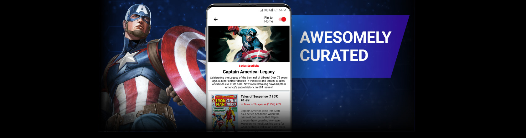 Awesomely Curated. Captain America with shield next to a screenshot of the app.
