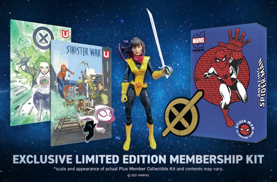 Annual Plus Membership Kit featuring a figure, pin, patch, comics and box.