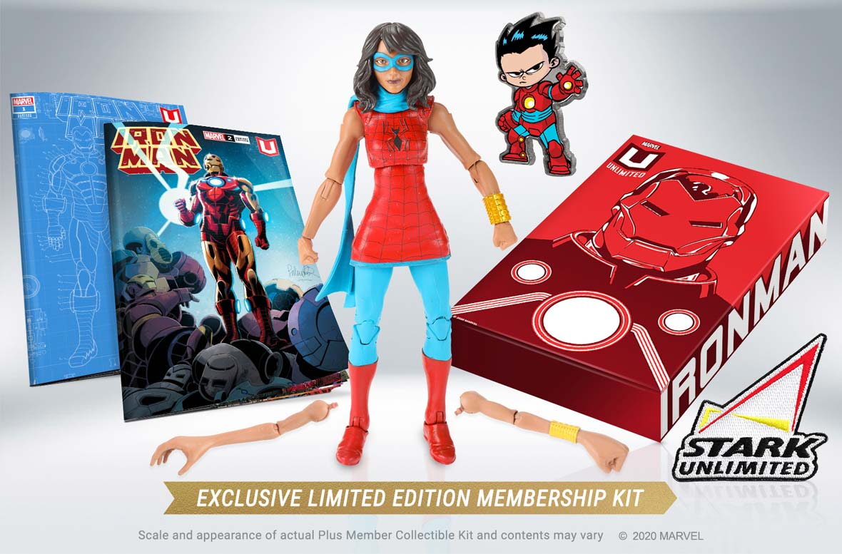 Annual Plus Membership Kit featuring a figure, pin, patch, comics and box.